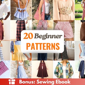 May include: A collection of images displaying diverse clothing items and sewing patterns. The central image features the text "20 Beginner Patterns" in orange and white. The images include tops, dresses, trousers, and jackets, providing a variety of sewing projects.