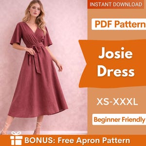 Könnte beinhalten: Ein altrosa Wickelkleid mit Flatterärmeln und Bindegürtel. Das Bild enthält den Text: INSTANT DOWNLOAD, PDF Pattern, Josie Dress, XS-XXXL, Beginner Friendly, BONUS: Free Apron Pattern. Das Kleid hat einen V-Ausschnitt und eine wadenlange Passform.