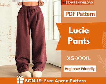 May include: A digital PDF sewing pattern for Lucie Pants in sizes XS-XXXL. The image displays wide-leg, dark maroon corduroy pants with an elastic waistband and side pockets. Text includes: INSTANT DOWNLOAD, PDF Pattern, Lucie Pants, XS-XXXL, Beginner Friendly, BONUS: Free Apron Pattern.