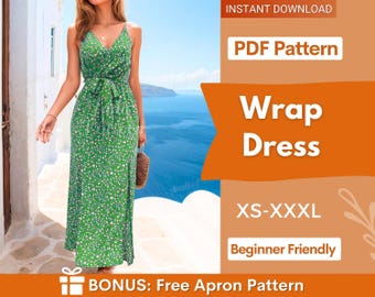May include: A green wrap dress with a small white and pink floral pattern, featuring thin spaghetti straps, a V-neckline, and a tie-waist. The text on the image reads: INSTANT DOWNLOAD, PDF Pattern, Wrap Dress, XS-XXXL, Beginner Friendly, BONUS: Free Apron Pattern.