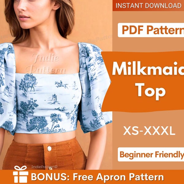 Milchmädchen Oberteil Schnittmuster, XS-XXXL, Puffärmel Schnittmuster Bluse, Cottagecore Schnittmuster, Milchmädchen Bluse, Schnittmuster Damen Top