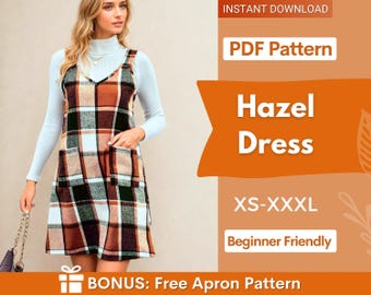 May include: A sleeveless plaid dress featuring a V-neckline and two front patch pockets, displayed alongside text that reads PDF Pattern, Hazel Dress, XS-XXXL, Beginner Friendly, and BONUS: Free Apron Pattern on an orange background.
