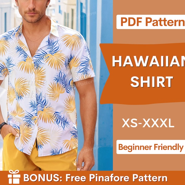 Patrón de costura camisa hawaiana, XS-XXXL, Patrón de costura camisa tropical, Patrón de costura para hombre, Patrón camisa hombre, Camisa patrón PDF hombre