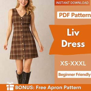 May include: A brown plaid sleeveless dress with a V-neckline and a front button closure. The text on the image reads: INSTANT DOWNLOAD, PDF Pattern, Liv Dress, XS-XXXL, Beginner Friendly, BONUS: Free Apron Pattern.