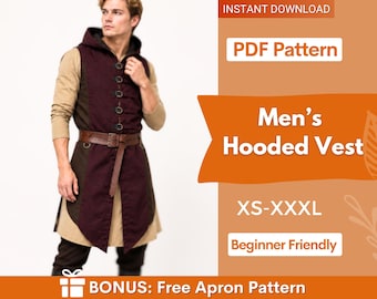 Hooded Vest Sewing Pattern, Cape with Hood Pattern, Medieval Pattern, Medieval Dress Pattern, Cosplay Vest Hood Sewing Pattern