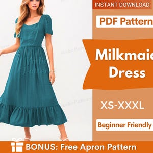 May include: A teal midi dress with short puff sleeves, a square neckline, and a ruffled hem. The text on the right reads: INSTANT DOWNLOAD, PDF Pattern, Milkmaid Dress, XS-XXXL, Beginner Friendly, BONUS: Free Apron Pattern.