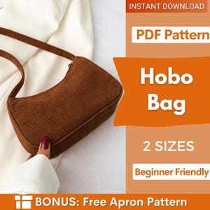 Puede incluir: Un bolso hobo de pana marrón con forma curva y una correa larga. La imagen también incluye el texto "Hobo Bag", "PDF Pattern", "2 SIZES" y "Beginner Friendly".