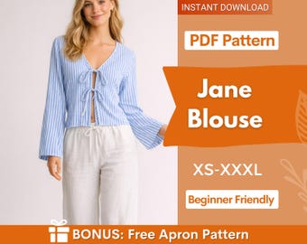 Jane Blouse Sewing Pattern | Tie Top Sewing Pattern | Women Sewing Pattern, Shirt Pattern, Top with front Ties, Women Blouse Top Pattern