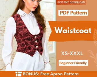 Waistcoat Pattern, Vest Sewing Pattern, Women Sewing Pattern, Sewing Patterns, Women Vest Waistcoat Pattern, Beginner pattern Top Buttons