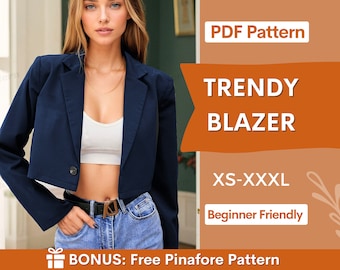 Blazer Sewing Pattern | Short Jacket Sewing Pattern |  Womens Blazer | Sewing Patterns PDF Patterns |  Beginner Sewing Pattern PDF