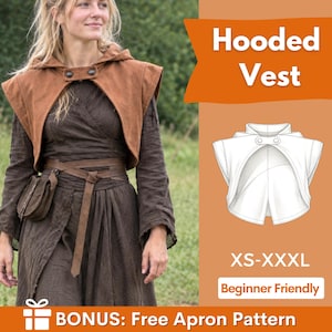 May include: A brown hooded vest with a front closure featuring two buttons. The image includes a white line drawing of the vest, the text Hooded Vest, the size range XS-XXXL, the text Beginner Friendly, and BONUS: Free Apron Pattern.
