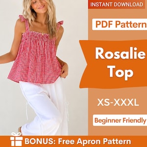 Op de afbeelding: Een mouwloze top met rood-wit vichy-ruitpatroon, een gesmokt lijfje en schouderbandjes om te strikken. De tekst op de afbeelding luidt: INSTANT DOWNLOAD, PDF Pattern, Rosalie Top, XS-XXXL, Beginner Friendly, BONUS: Free Apron Pattern.