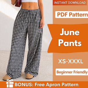 Op de afbeelding: Zwart-wit geruite June broek. De broek heeft wijde pijpen en een taille met trekkoord. De afbeelding bevat ook de tekst "PDF Pattern", "June Pants", "XS-XXXL" en "Beginner Friendly".