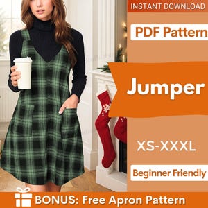 Può includere: Un vestito a quadri verdi e neri con scollo a V e due tasche frontali. L'immagine include il testo: INSTANT DOWNLOAD, PDF Pattern, Jumper, XS-XXXL, Beginner Friendly e BONUS: Free Apron Pattern.