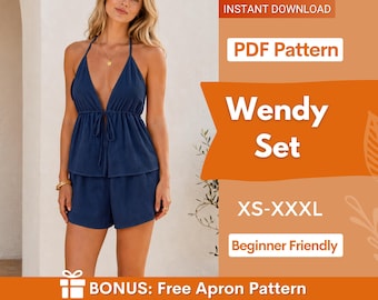Tie Top & Shorts Sewing Patterns | Top Sewing Pattern | Sewing Pattern Women | Shorts Pattern | Top Pattern, Open Back Top, Tie Top Shorts