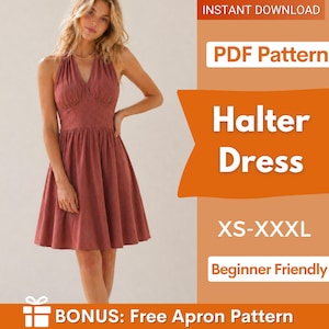 Op de afbeelding: Een stofroze halterjurk met een V-hals en een uitlopende rok. De afbeelding bevat de tekst "Halter Dress", "XS-XXXL" en "Beginner Friendly". De jurk wordt door een vrouw gedragen. De afbeelding zegt ook "Instant Download".