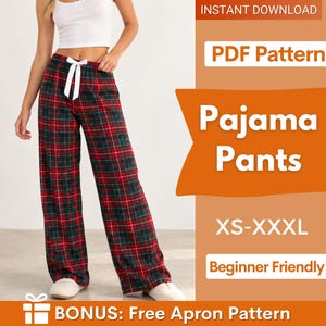 Könnte beinhalten: Pyjamahose mit einem rot-grün-weißen Karomuster und einem weißen Kordelzug in der Taille. Der Text auf dem Bild lautet: INSTANT DOWNLOAD, PDF Pattern, Pajama Pants, XS-XXXL, Beginner Friendly, BONUS: Free Apron Pattern.