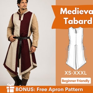 Può includere: Una tabarda senza maniche con un design bicolore bordeaux e beige, indossata sopra un indumento trapuntato beige a maniche lunghe con una cintura nera. L'immagine include il testo Medieval Tabard, XS-XXXL, Beginner Friendly e BONUS: Free Apron Pattern.