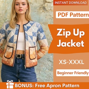 Könnte beinhalten: Gesteppte Reißverschlussjacke mit geometrischem Muster in Blau, Creme und Orange. Die Jacke hat zwei Vordertaschen und eine schwarze Paspel. Der Text im Bild lautet: "Zip Up Jacket", "XS-XXXL" und "Beginner Friendly".