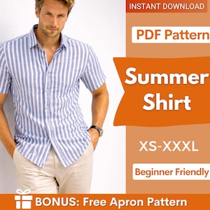 Pode incluir: Uma camisa de manga curta listrada em azul e branco. A imagem inclui o texto "Summer Shirt" e "XS-XXXL". O padrão é descrito como "Beginner Friendly". Um bônus de padrão de avental grátis também está incluído.