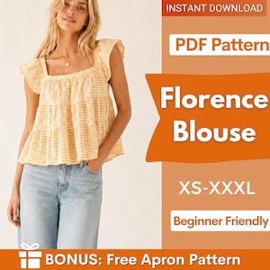 May include: A yellow and white gingham tiered blouse with flutter sleeves and a square neckline. The image includes text: INSTANT DOWNLOAD, PDF Pattern, Florence Blouse, XS-XXXL, Beginner Friendly, and BONUS: Free Apron Pattern.
