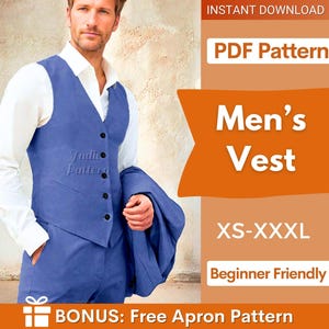 Könnte beinhalten: Eine blaue Weste über einem weißen Hemd mit Kragen, ausgestattet mit fünf schwarzen Knöpfen und zwei Vordertaschen. Das Bild enthält den Text: INSTANT DOWNLOAD, PDF Pattern, Men's Vest, XS-XXXL, Beginner Friendly und BONUS: Free Apron Pattern.