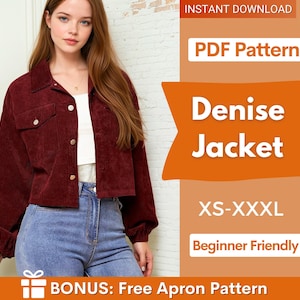 Puede incluir: Una chaqueta de pana color burdeos con cuello, mangas largas y cierre frontal de botones. El texto en la imagen dice: INSTANT DOWNLOAD, PDF Pattern, Denise Jacket, XS-XXXL, Beginner Friendly, BONUS: Free Apron Pattern.