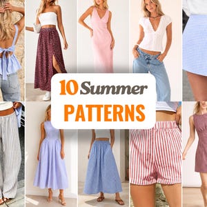 Puede incluir: Un collage de 10 prendas de verano que incluyen vestidos, faldas, pantalones cortos y tops en varios colores y estampados, con el texto 10 Summer PATTERNS en el centro. Las prendas incluyen piezas a rayas, de cuadros vichy y lisas.