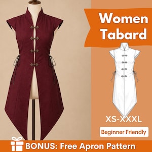 May include: A dark red sleeveless tabard with a high collar, four decorative metal frog closures down the front, and side lacing. The image includes text reading Women Tabard, XS-XXXL, Beginner Friendly, and BONUS: Free Apron Pattern.