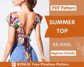 Top naaipatroon | XS-XXXL| Patroon met strik aan de achterkant | Gegolfd toppatroon | Crop Top-patroon | Rugloze top | Open achterkant, eenvoudig patroon PDF