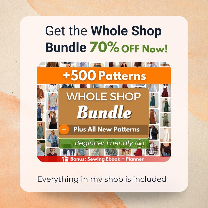 The image is an advertisement for a sewing and crafting store that offers a bundle of various patterns and resources, including a sewing book and a planner.