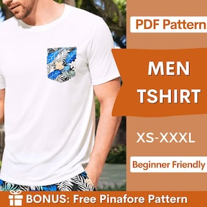 Könnte beinhalten: Ein weißes T-Shirt mit einer Brusttasche, die ein blau-schwarz-weißes Tropenblatt- und Blumenmuster aufweist. Das Bild enthält den Text: PDF Pattern, MEN TSHIRT, XS-XXXL, Beginner Friendly und BONUS: Free Pinafore Pattern.