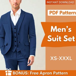 Puede incluir: Un conjunto de traje azul que consta de una americana, un chaleco con botones negros y pantalones, usado sobre una camisa blanca con cuello. La imagen incluye el texto: INSTANT DOWNLOAD, PDF Pattern, Men's Suit Set, XS-XXXL, y BONUS: Free Apron Pattern.