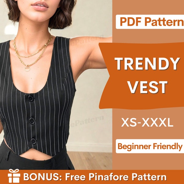 Weste-Muster, XS- XXXL, Schnittmuster PDF, Damen-Weste-Muster, Weste-Muster, einfaches Muster, PDF-Muster-Weste, Top-Schnittmuster