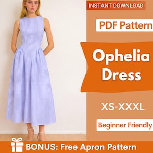 May include: A sleeveless, light blue and white striped dress with a full skirt. The dress is labeled "Ophelia Dress" and is available in sizes XS-XXXL. The image also indicates it is a PDF pattern and beginner-friendly.