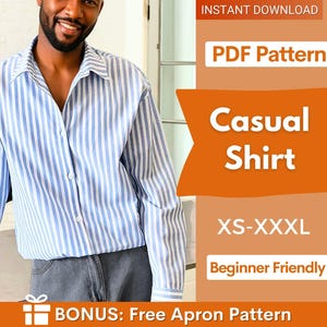 Puede incluir: Un patrón PDF digital para una camisa de manga larga con botones y rayas verticales azules y blancas. El gráfico incluye el texto INSTANT DOWNLOAD, PDF Pattern, Casual Shirt, XS-XXXL, Beginner Friendly y BONUS: Free Apron Pattern.