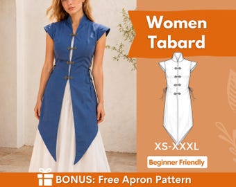 May include: A blue sleeveless tabard featuring a mandarin collar, four decorative metal frog closures down the front, and side ties. The image includes a technical line drawing of the garment, the text Women Tabard, XS-XXXL, Beginner Friendly, and BONUS: Free Apron Pattern.