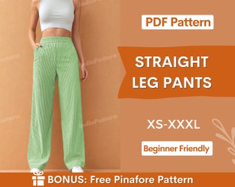 Patrón de costura de pantalones de pierna recta / Patrón de pantalones / Patrón de pantalones / Patrón de costura de mujer / Patrón PDF de pantalones de cintura alta