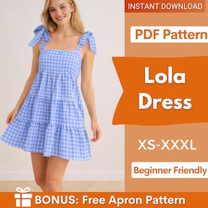 Könnte beinhalten: Hellblau-weißes Vichy-Karo-Lola-Kleid mit Bindeträgern und einem Stufenrock. Das Bild enthält den Text "PDF Pattern", "Lola Dress", "XS-XXXL" und "Beginner Friendly". Es gibt auch den Text "BONUS: Free Apron Pattern".