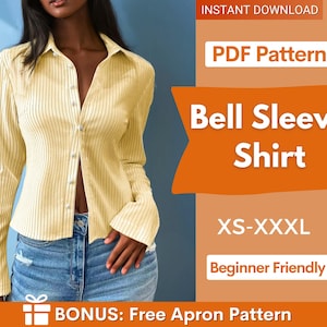 Shirt Pattern for Women, Flared Sleeves Shirt, Bell Sleeves Shirt Sewing Pattern, Button Up Shirt, Sewing patterns for Women, Blouse Pattern