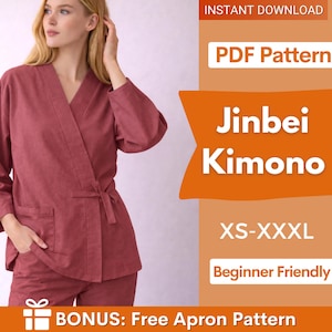 Può includere: Un Jinbei Kimono rosso-marrone, un capo tradizionale giapponese, è mostrato. L'immagine include il testo "PDF Pattern", "Jinbei Kimono", "XS-XXXL" e "Beginner Friendly". L'immagine include anche il testo "BONUS: Free Apron Pattern".