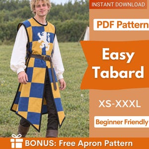 May include: A blue and yellow checkered tabard featuring a white lion emblem on the chest, worn over a white long-sleeved shirt and dark trousers. The text on the image reads: INSTANT DOWNLOAD, PDF Pattern, Easy Tabard, XS-XXXL, Beginner Friendly, BONUS: Free Apron Pattern.