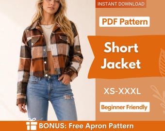 May include: A brown, black, and white plaid button-up jacket with a collar and long sleeves. The image includes text: INSTANT DOWNLOAD, PDF Pattern, Short Jacket, XS-XXXL, Beginner Friendly, and BONUS: Free Apron Pattern.