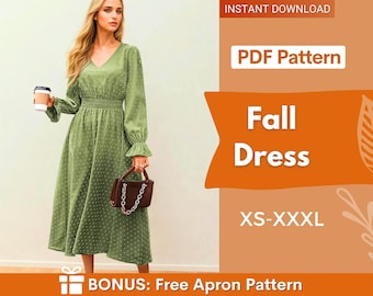 Dress Sewing Pattern | Long Sleeve Dress Pattern | Dress Pattern | Maxi Dress Pattern | Women Sewing Pattern with illustrated instructions
