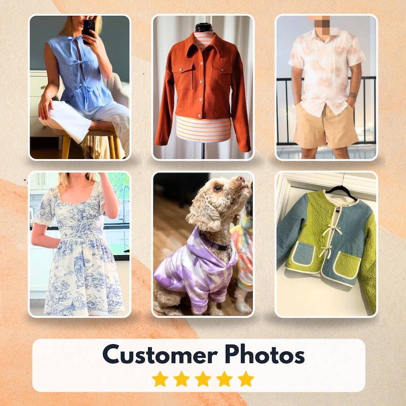 The image is a collage of six photos featuring various clothing items and a dog. The photos include a blue and white dress, a red jacket, a white shirt, a pair of shorts, a green and blue jacket, and a purple sweater. The collage is titled "Customer Photos" and includes five customer photos with a rating of 5 stars.