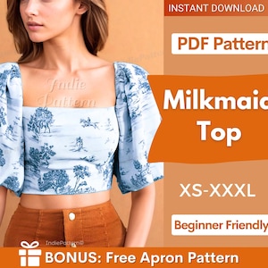 Milkmaid top pattern, XS-XXXL, Puff Sleeve Sewing PDF Pattern Blouse, Cottagecore Pattern, milkmaid blouse, Sewing pattern top, women top
