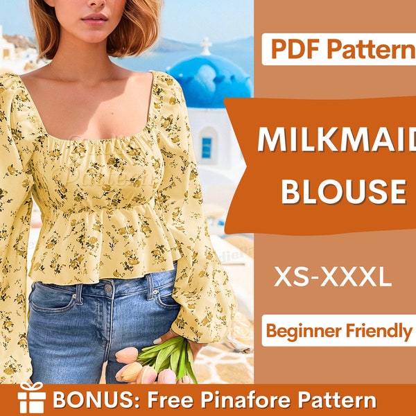 Milkmaid Blouse Pattern, Puff Sleeve Sewing, Milkmaid Top Pattern, Cottagecore Top, Cottagecore Pattern,  Sewing pattern Top, Women top