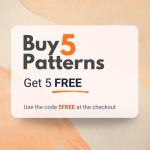 The image is a promotional advertisement for a product called "Buy 5 Patterns" that offers a free item when purchasing five of them.