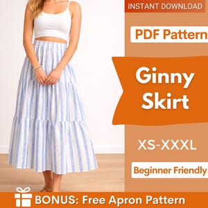 May include: A woman wearing a white crop top and a blue and white striped maxi skirt. The skirt has a tiered design. Text on the image reads "Ginny Skirt", "XS-XXXL", and "Beginner Friendly". The image also says "Instant Download" and "Bonus: Free Apron Pattern".