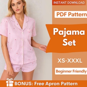 May include: Pink and white striped pajama set with red heart accents. The set includes a button-down shirt and shorts. Text on the image reads "Pajama Set", "XS-XXXL", and "Beginner Friendly". Bonus: Free Apron Pattern.